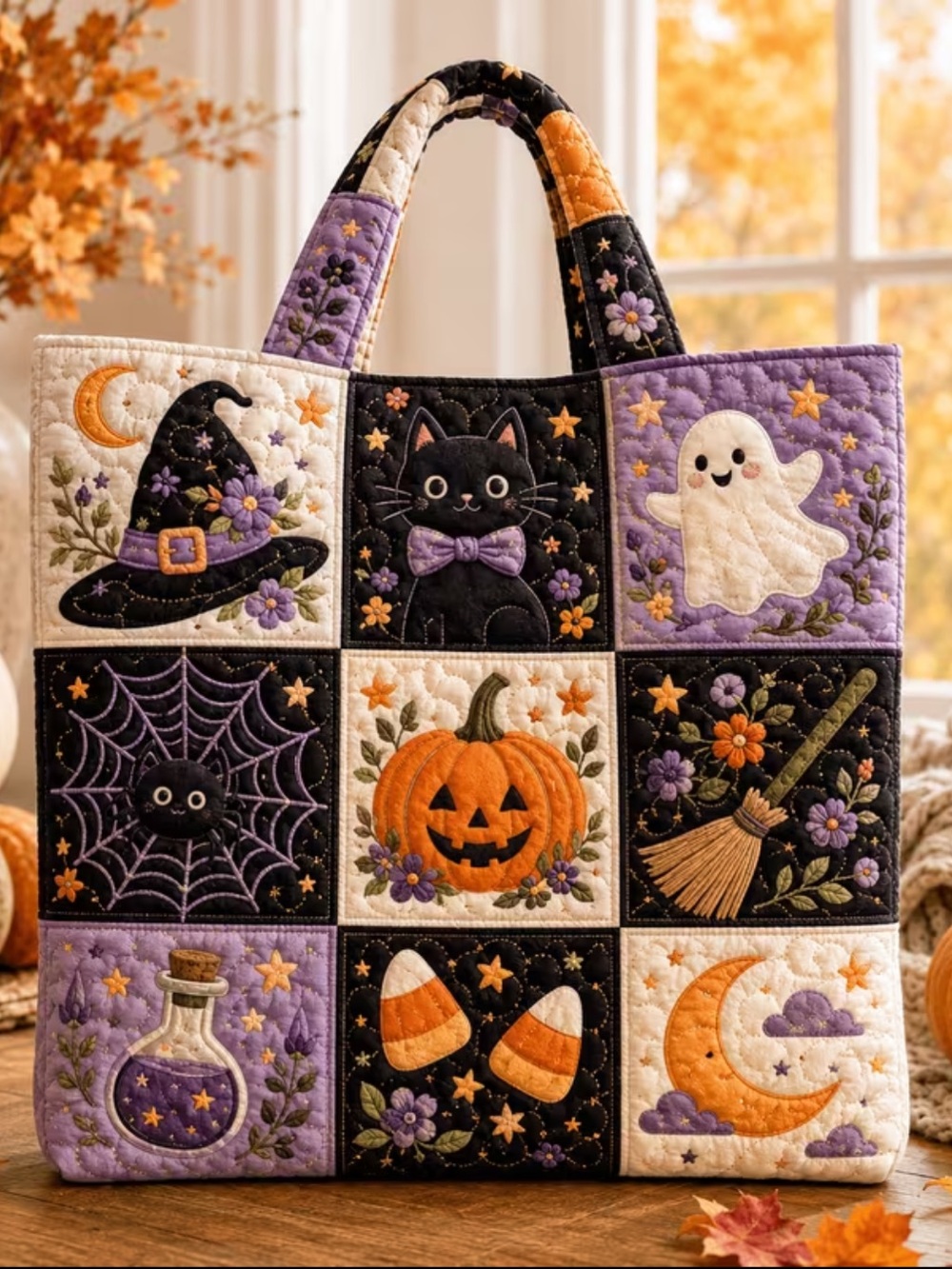 (A15) Quilted Tote Bag - Halloween Collage